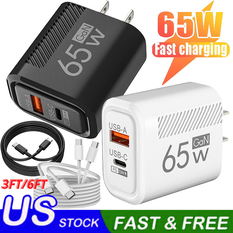 65W Dual Port USB C Fast Charger with 6FT PD Cable for Phones & iPad