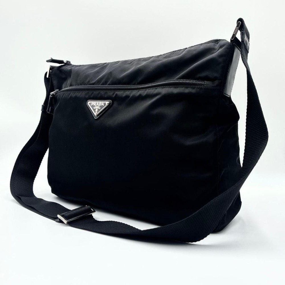 Prada Testo Nylon Shoulder Bag with Triangular Logo in Black
