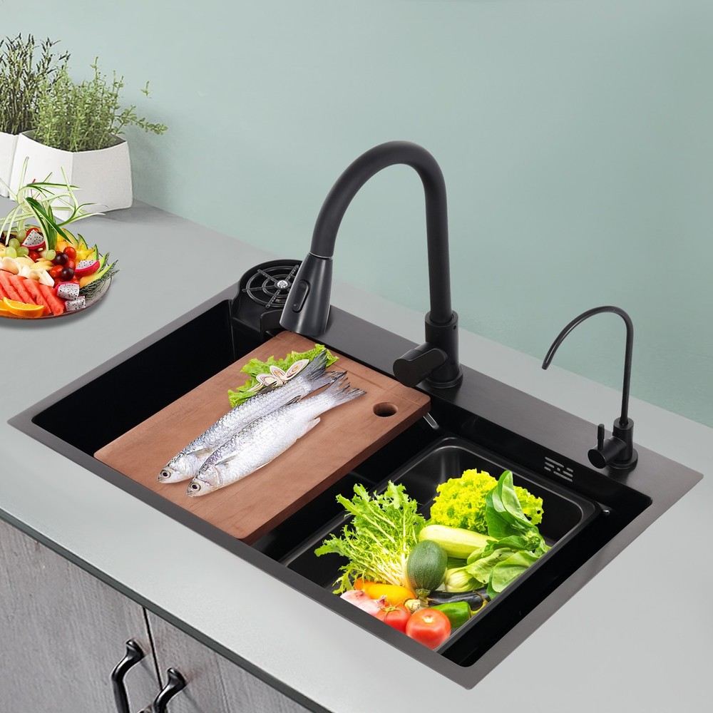 Sink Kitchen Sink Stainless Steel Sink With Faucet Multifunction Sink Set Black！