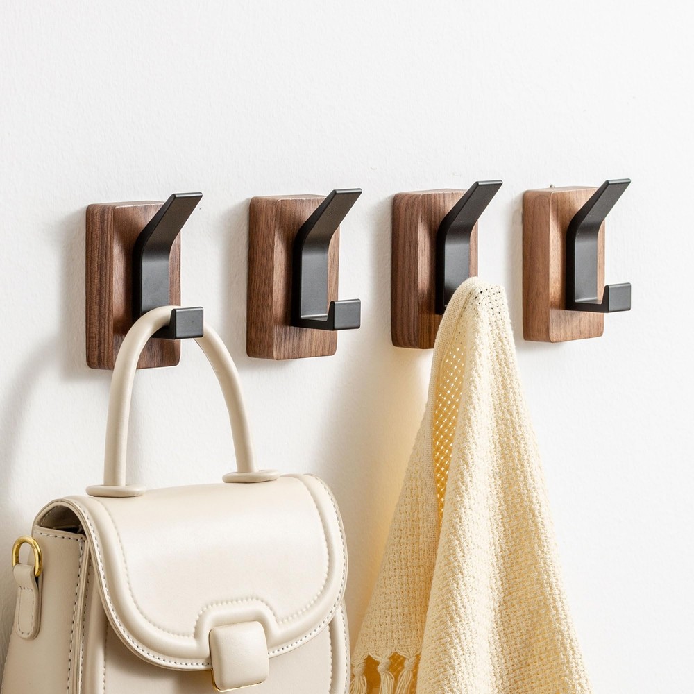 4-Pack Wood Wall Hooks for Entryway, Mudroom, or Bathroom - Wall Mount or Adhesive