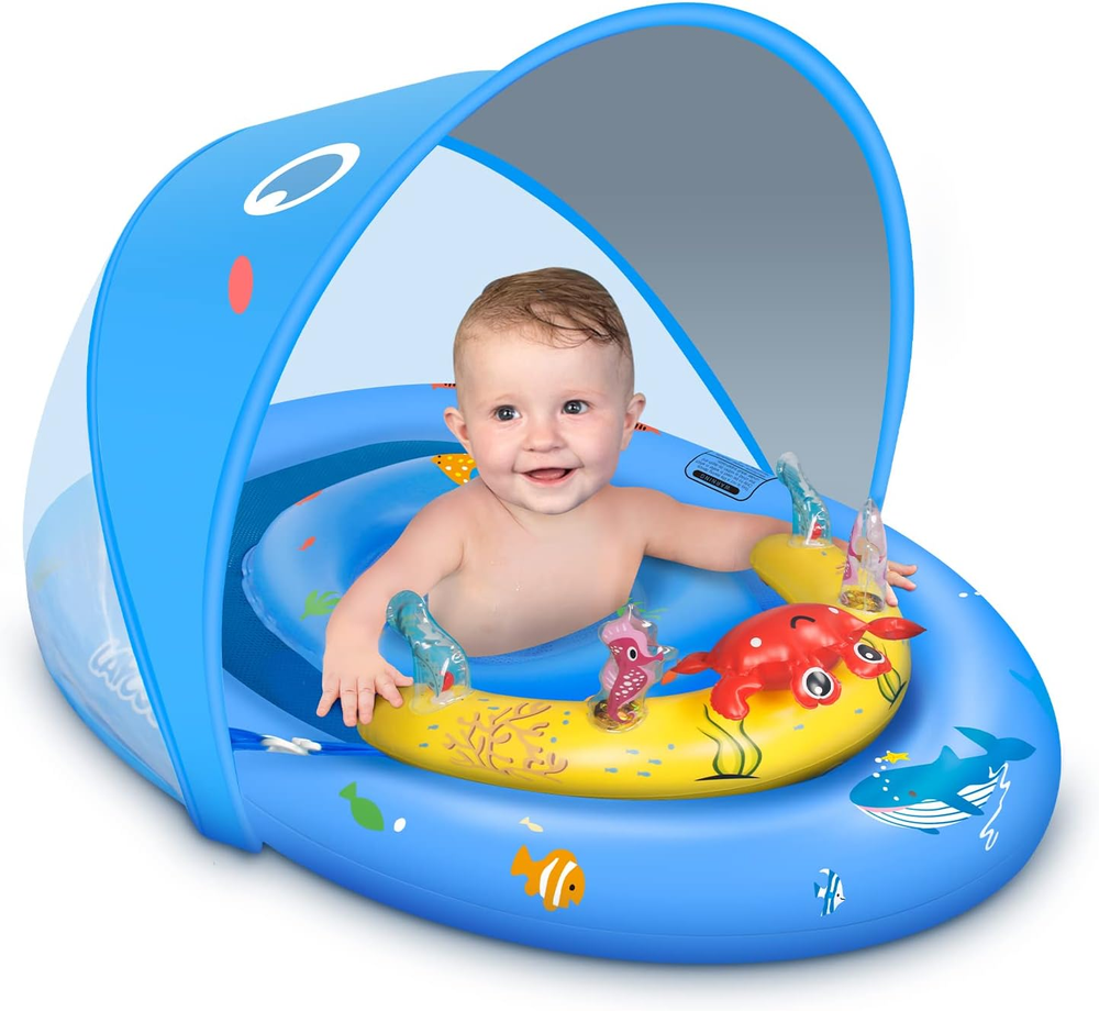 UPF50+ Baby Pool Float with Sun Canopy and Toy Play Console for Infants