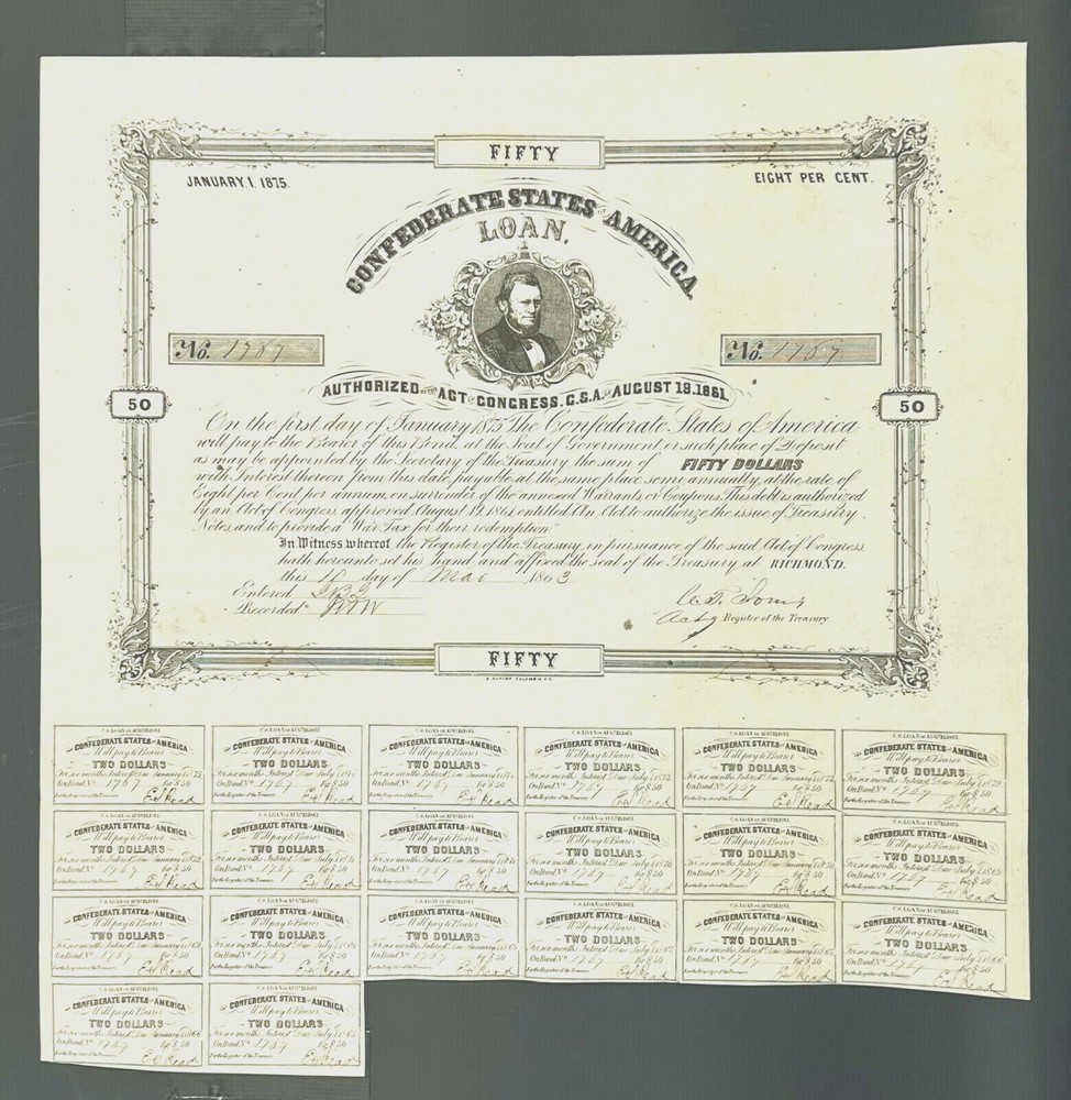 $50 Confederate States Coupon Bond – Criswell 20, Ball 87-image