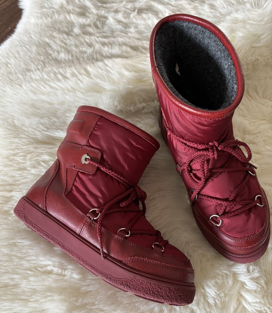 MONCLER Moon Stephanie Red Winter Snow Boots Size 38 Italian Made