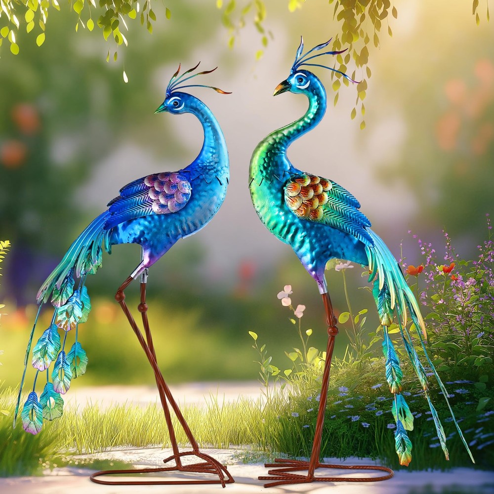 Metal Peacock Statue for Garden Yard Outdoor Decor Sculpture Set