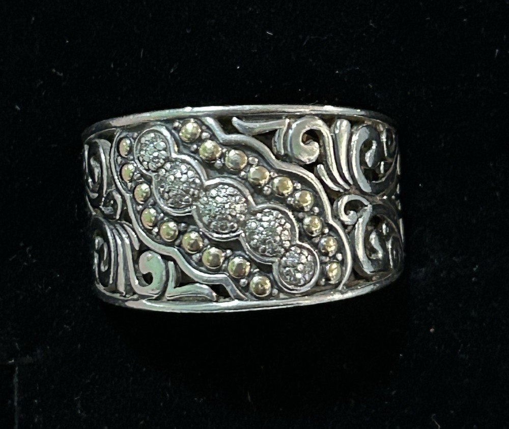 EFFY 925 Sterling Silver & 18K Yellow Gold Diamond Ring 0.10TCW Sz 8.5 Signed.