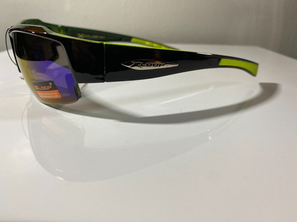 Men's black frame wrap sunglasses with purple reflective lenses