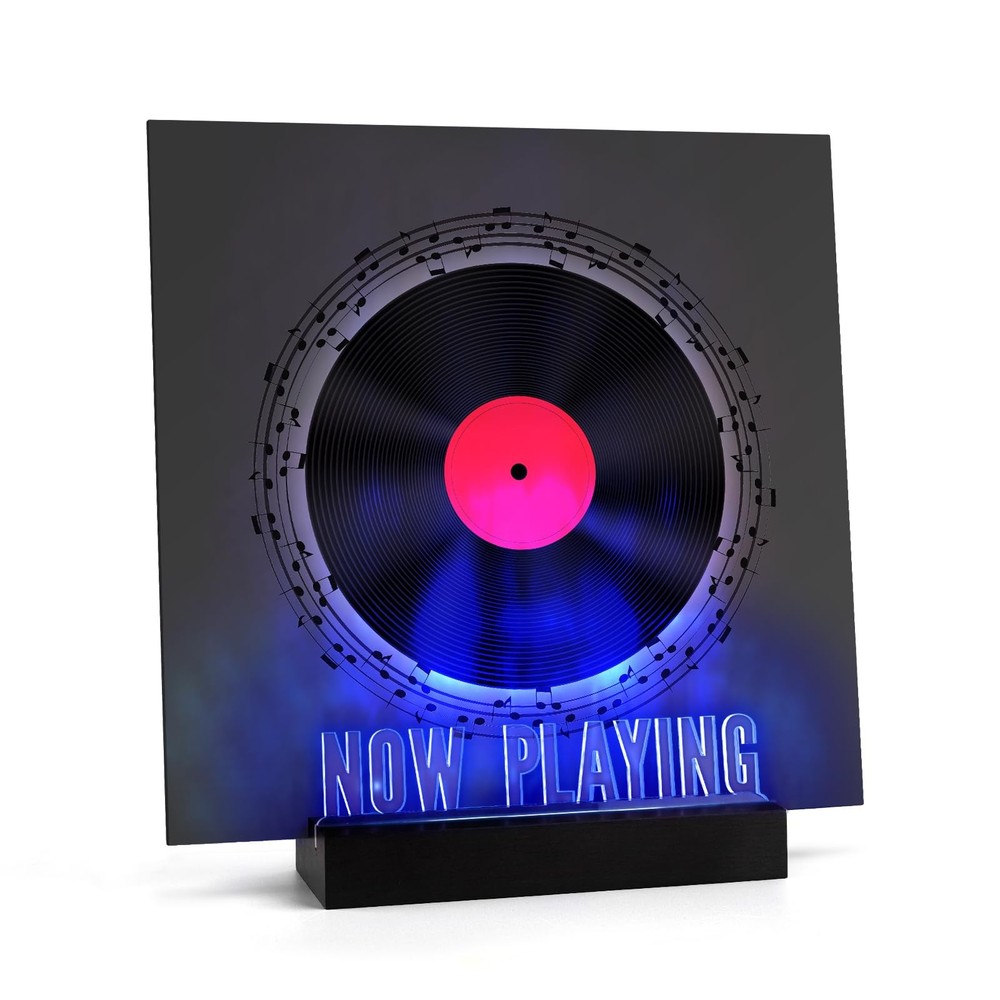 Now Playing Vinyl Record Stand,Light Up Wooden Album Display Holder with Acry...