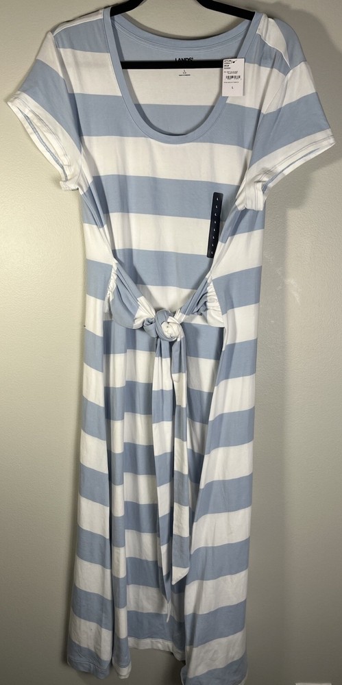 Lands' End Maxi Dress Soft Blue Haze Rugby Stripe Wrap Belt Soft Stretch NWT