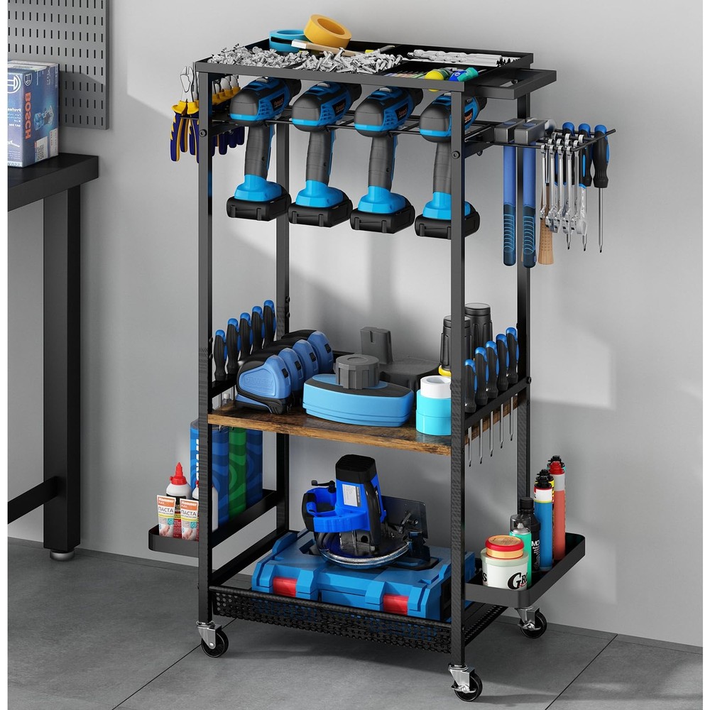 Utility Cart, Power Tool Organizer with Wheels for Garage Storage, Drill Rack...