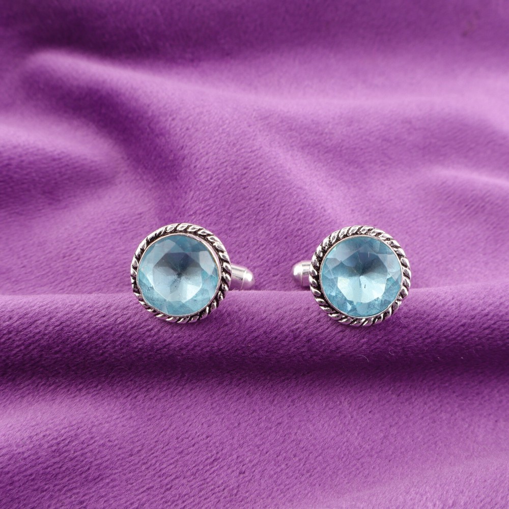 Sterling Silver Sky Blue Topaz Gemstone Engagement Formal Valentines Cufflinks