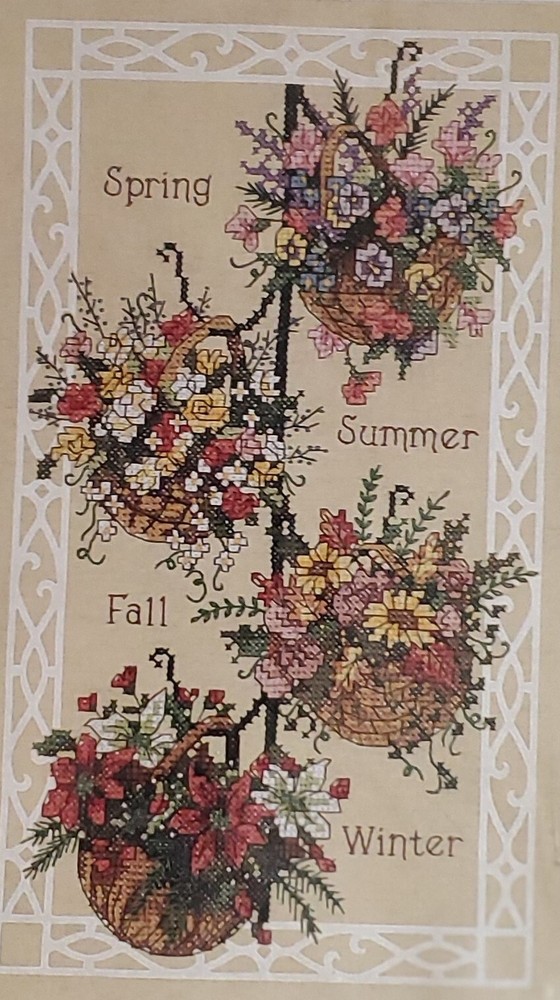 Dimensions-Seasonal Baskets 3157-stamped cross stitch kit, flowers, floral, NEW-image