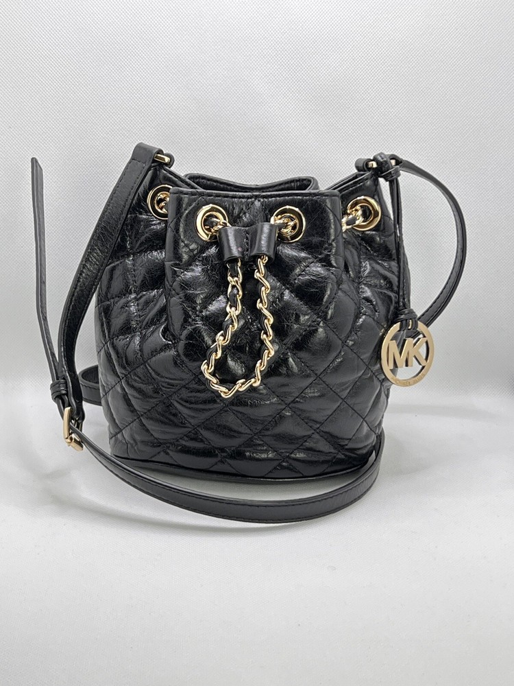 Michael Kors Black Quilted Leather Crossbody Bag with Gold Chain Trim  