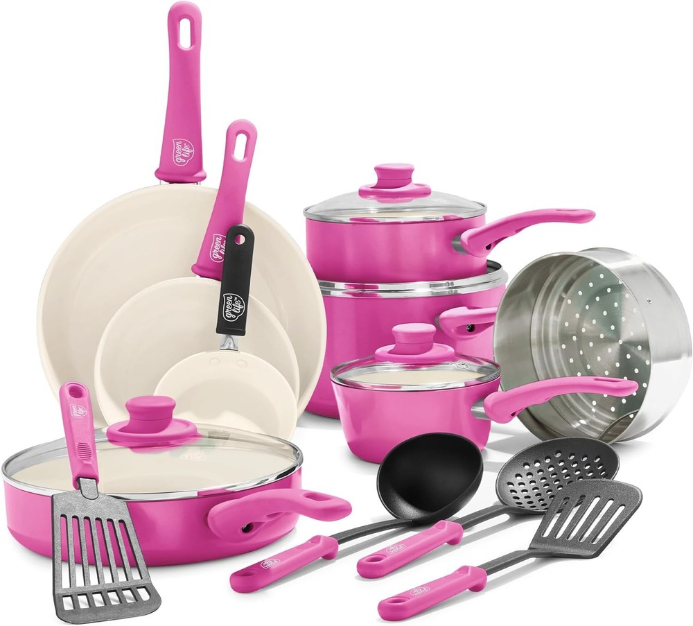 Pink ceramic nonstick 16-piece cookware set with soft grip handles