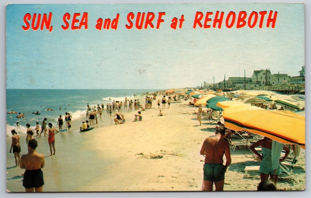 Vintage 1966 Rehoboth Beach Delaware Postcard Featuring Sun Sea Surf Sand and Swim Umbrellas J10