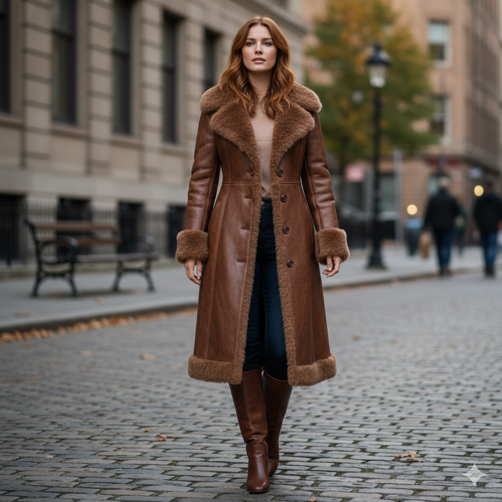 Women's Handmade Leather Trench Coat |- Women's Shearling Winter Overcoat Size L