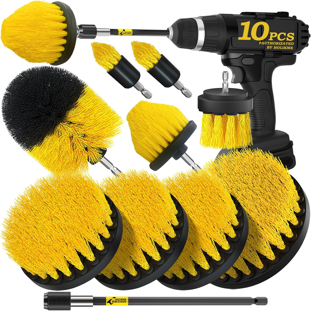 10-Piece Power Scrubber Drill Brush Set for Tough Cleaning in Bright Yellow