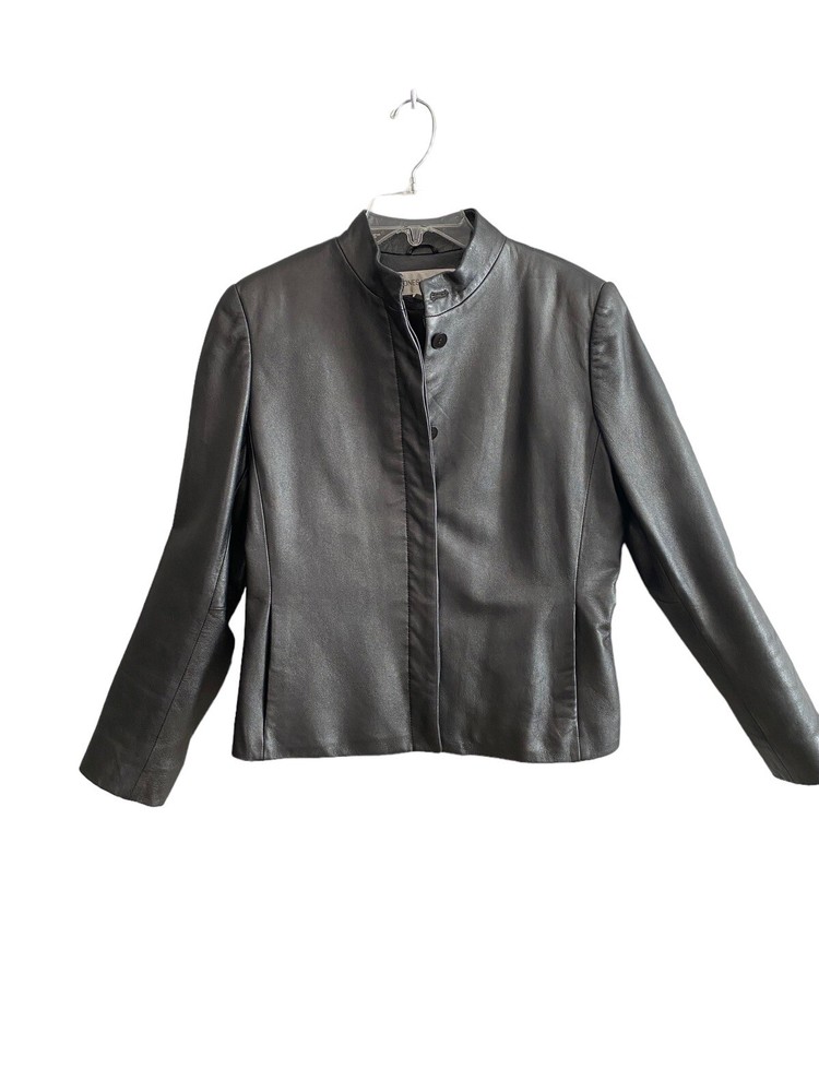 Leather Jacket Y2K Gunmetal Hidden Button Front Moto Style Jacket Womens 8
