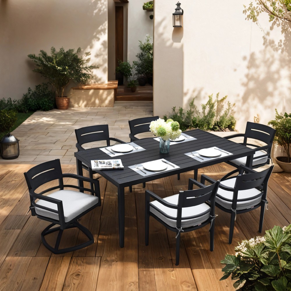 7-PCS Aluminum Patio Dining Set with Table, 4 Chairs & 2 Swivel Rockers