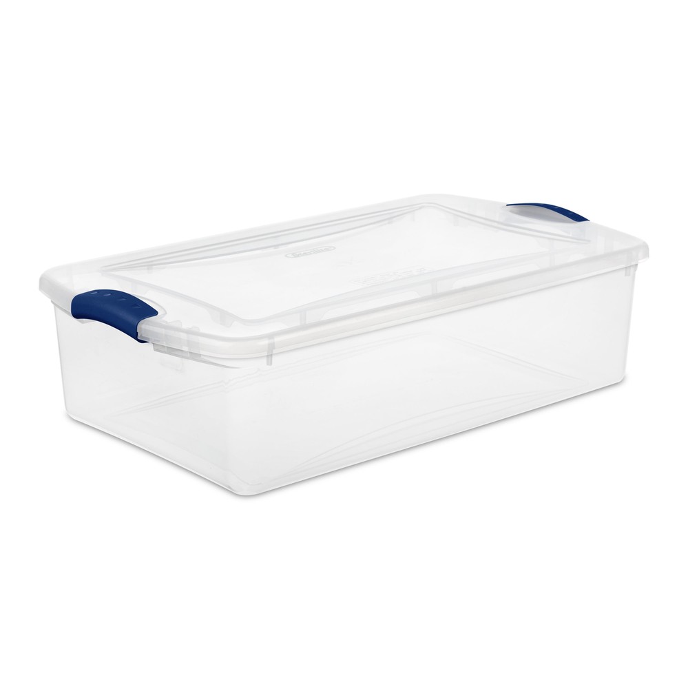 Sterilite 32 Quart Clear Plastic Storage Bin with Blue Latches and Lid