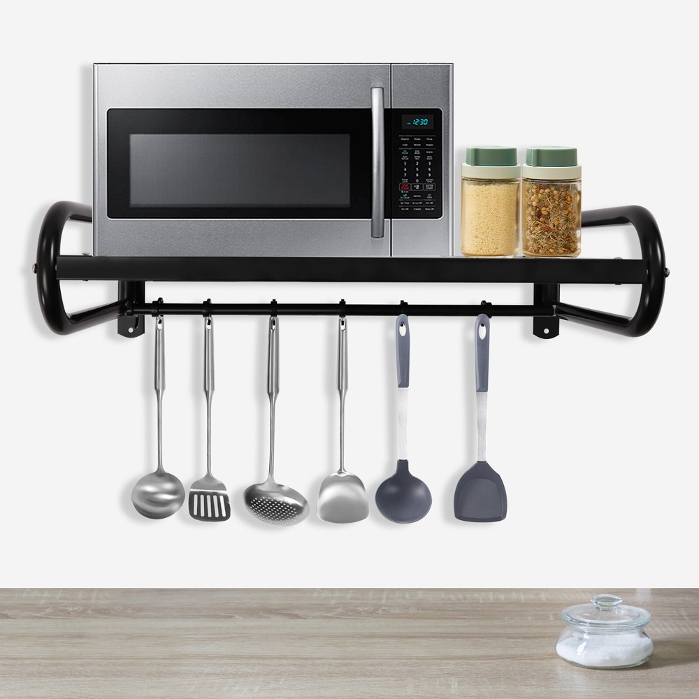 Metal Microwave Oven Shelf Black Wall Mounted Shelves W/ Fixing Kit Living Room.