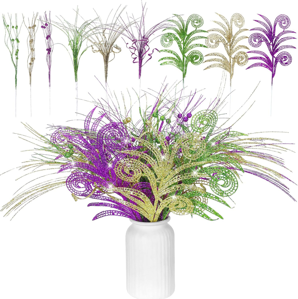 18 Pcs Mardi Gras Colorful Glitter Ting Branches Stems Ornaments 17.7 Inch Decor