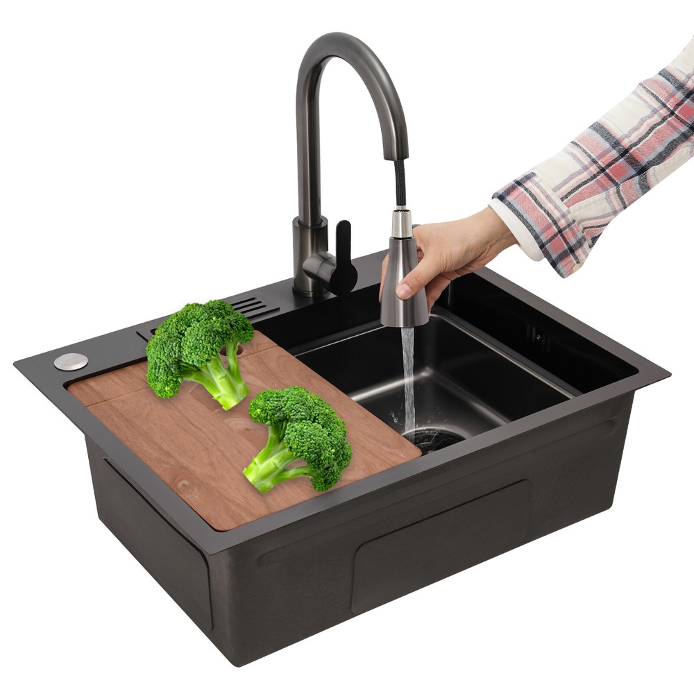 Multifunctional Stainless Steel Sink with Pull-out Faucet and Knife Holder