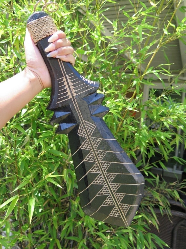 Hand Made Hawaiian Engraved Wall Decor Solid Wood Polynesian Tribal War Weapon