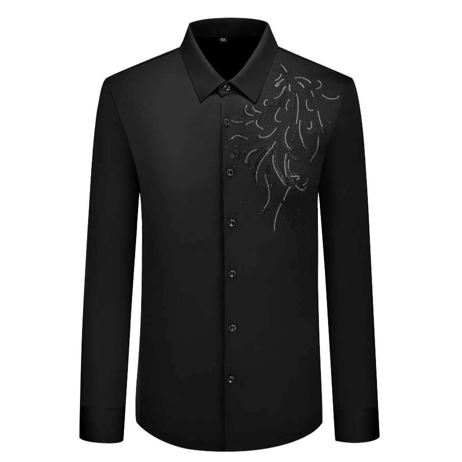 Men Luxury Abstract Rhinestone Slim Fit Dress Shirt Long Sleeve Button-Down