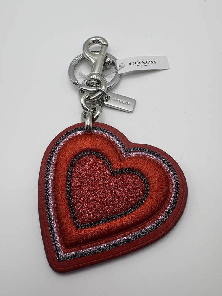 NWT Coach Sparkly Red Leather Heart Bag Charm Keychain With Dust Bag F26896