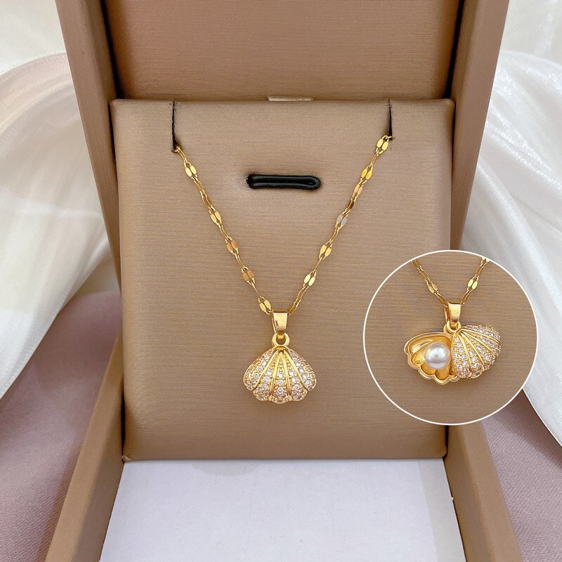 NEW Golden Women's Necklace Shell Pearl Necklace Versatile High-end USA