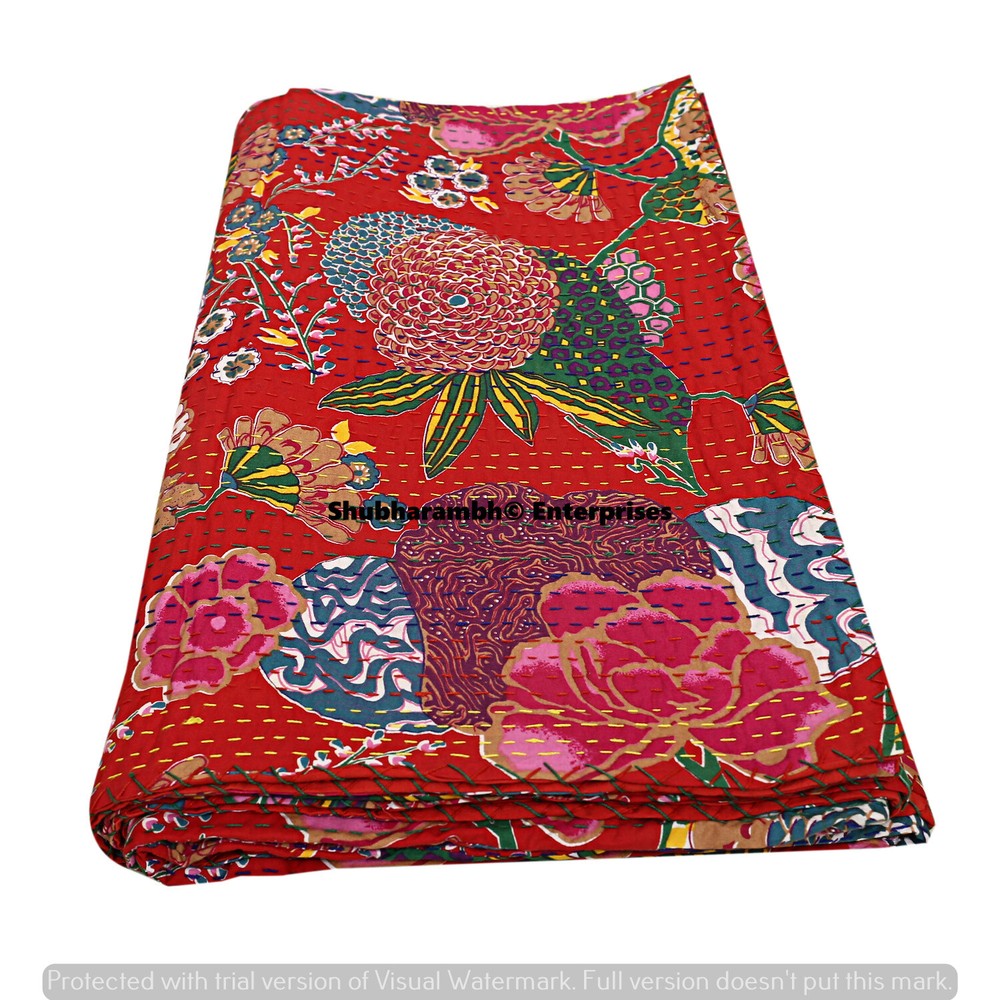 Large Bedroom Throw Kantha Floral Coverlets Indian Queen Throw Bedspread Bedding