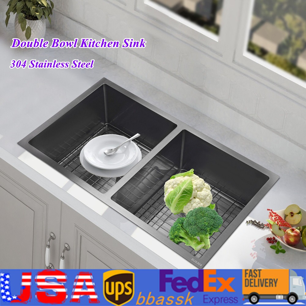 Modern Double Bowl 304 Stainless Steel Kitchen Sink 14x16 Inches-image