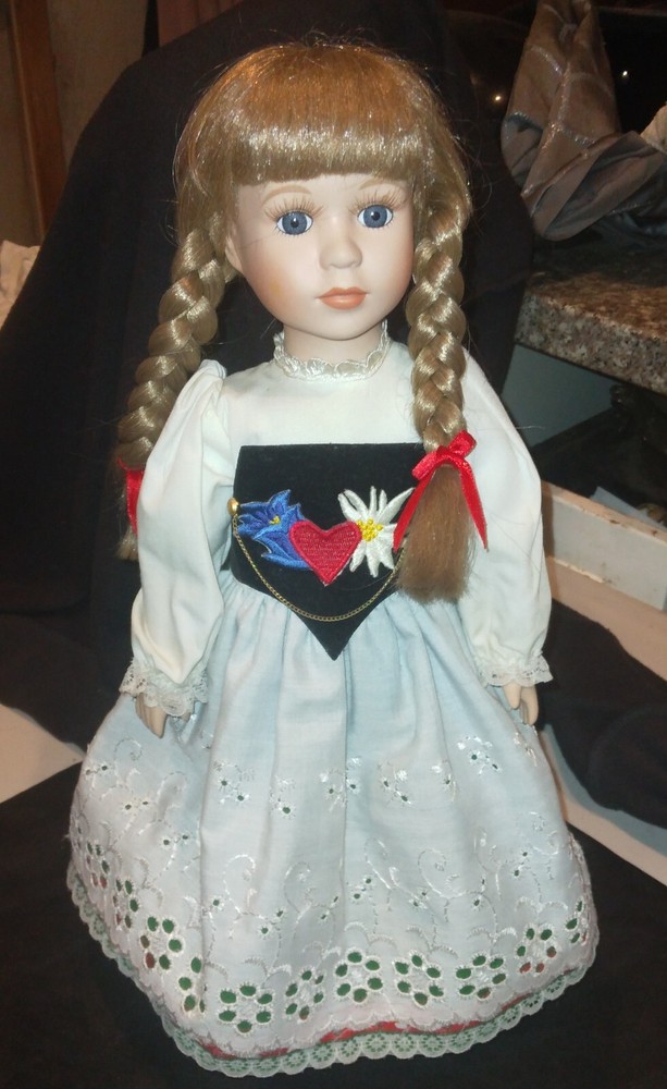 Original Schneider Doll in traditional bavarian german dress with stand / 13 in.