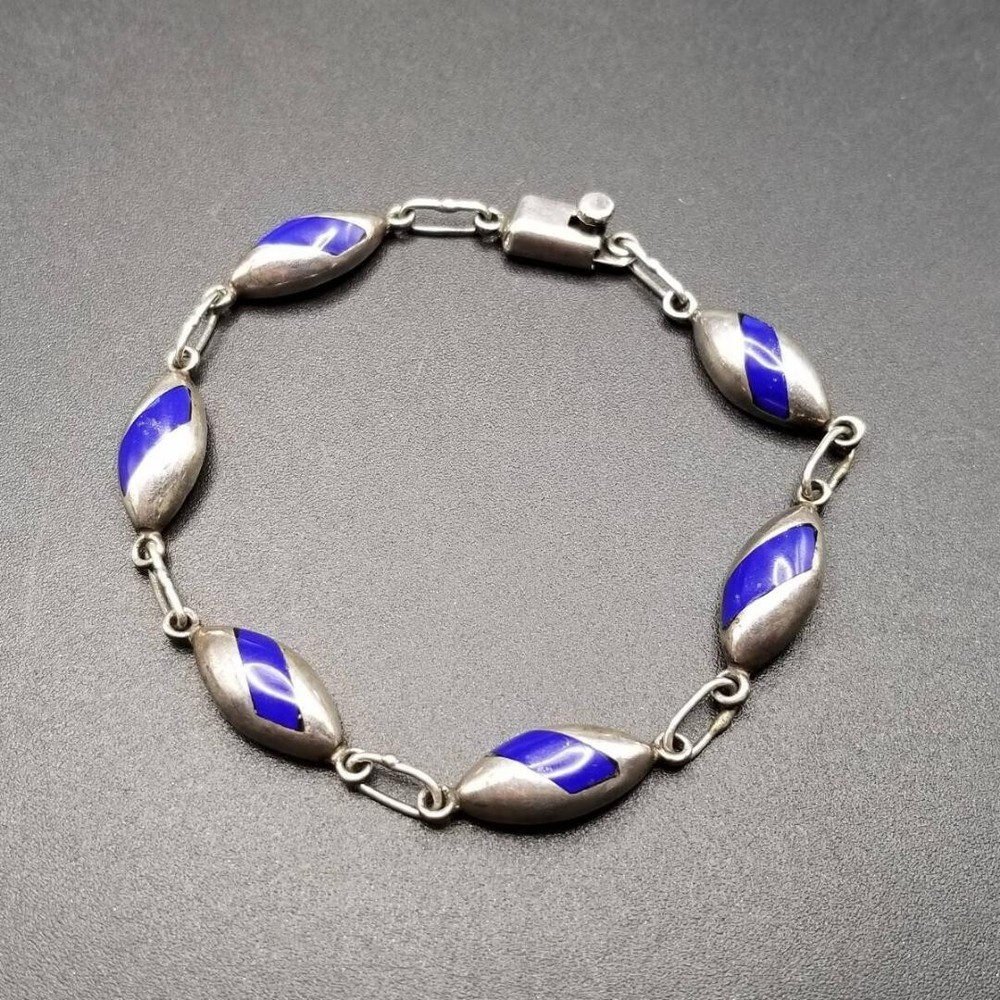Vintage Taxco Mexico Sterling Silver Navy Blue Bangle Bracelet 17cm