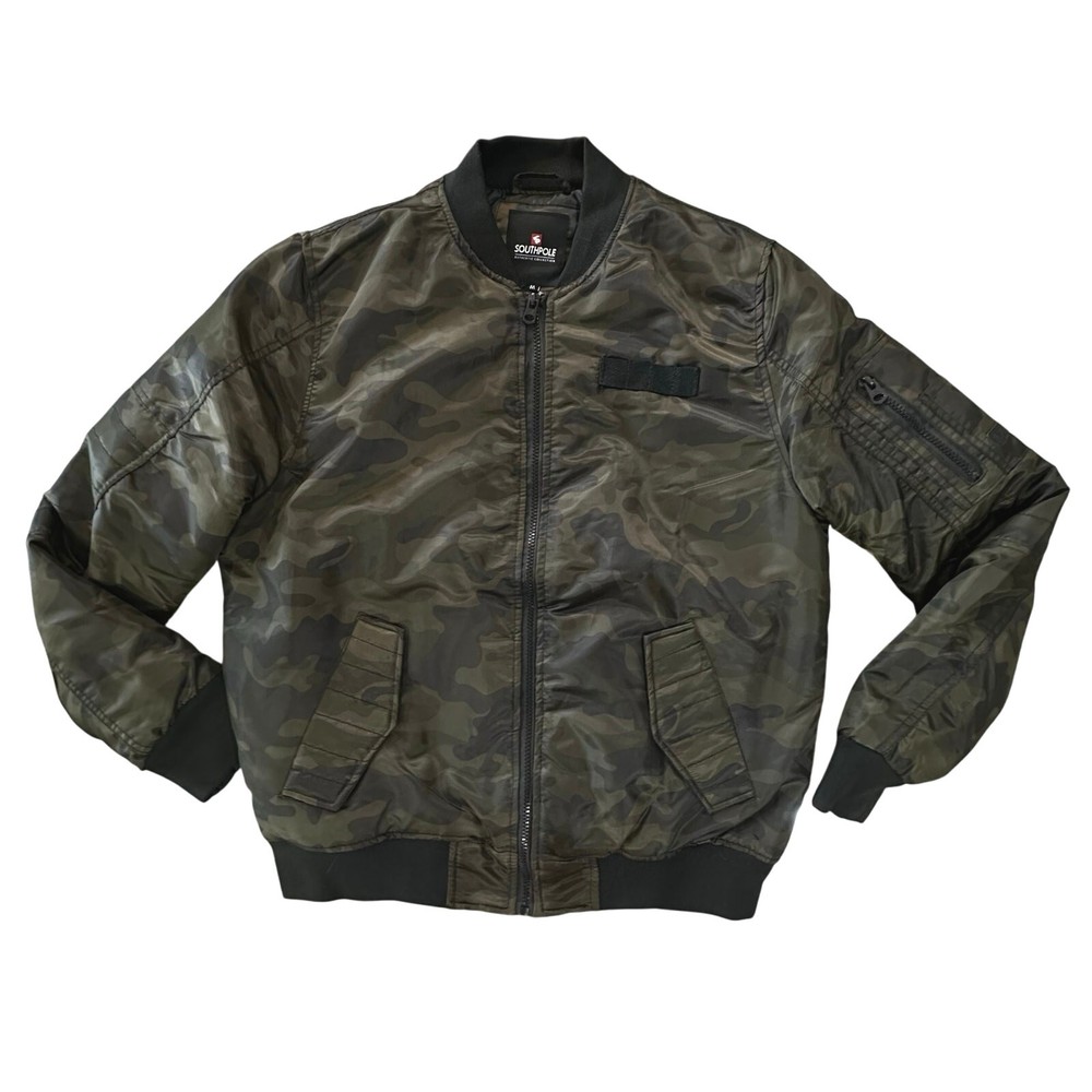 Vintage Y2K Camo Army Zip-Up Bomber Puffer Jacket for Men Size Medium