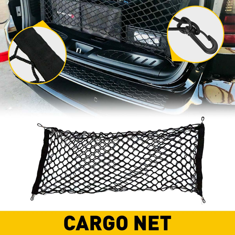 Universal Envelope-Style Trunk Cargo Net Organizer with Bag Hooks for Rear Car Storage