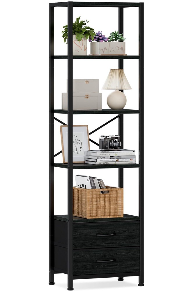 5-Tier Corner Shelf, Narrow Bookshelf with 2 Storage Drawers, 65.16