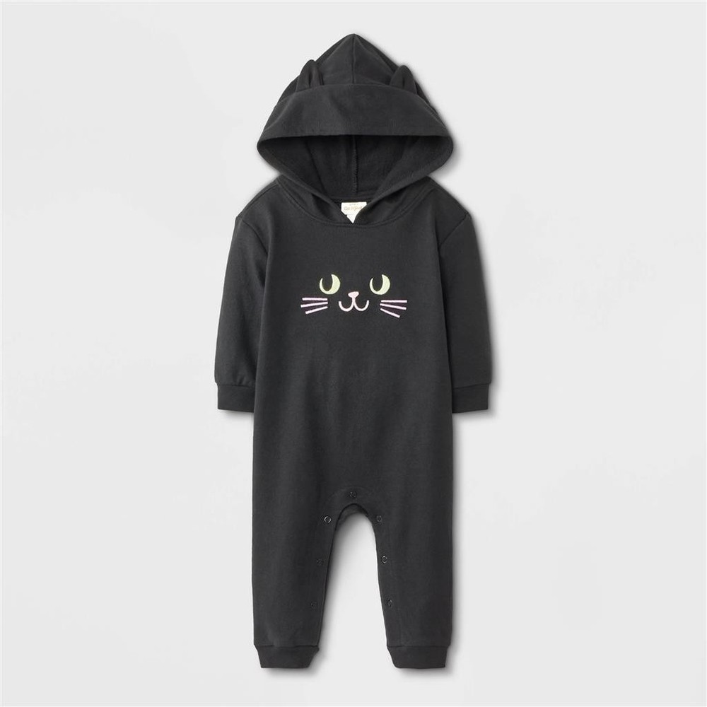 Baby Cat & Jack BLACK CAT Halloween Hooded Romper Size 0/3 3/6 6/9 12 18 mo NWT