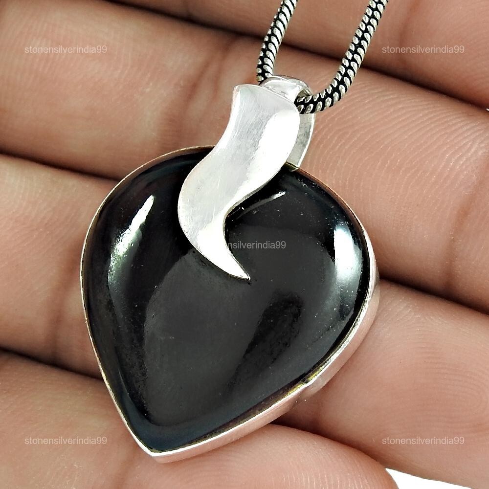 Mothers Day Gift Handmade Onyx Pendant in 925 Silver Bezel  -image