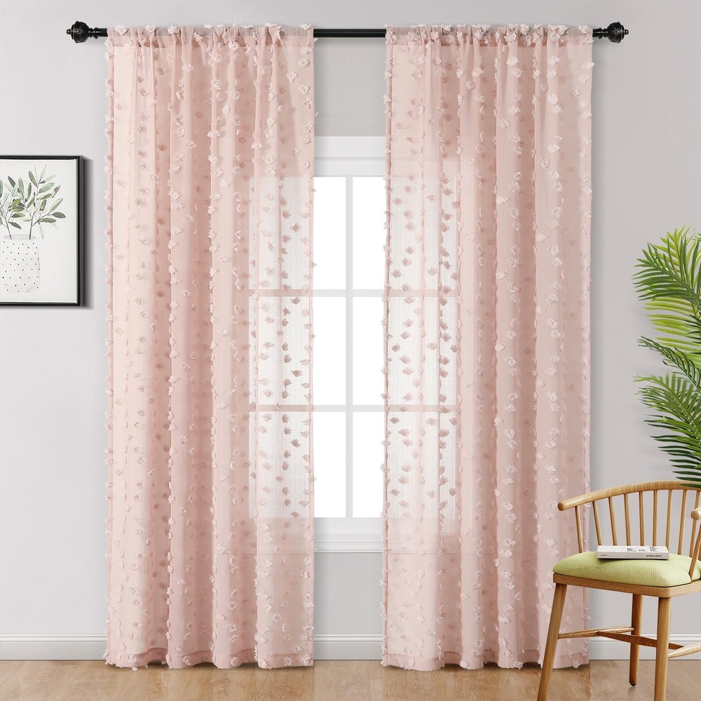 Pom Pom Pink Sheer Curtains for Bedroom Girls Room Dusty Rose Curtains 72 Inc...
