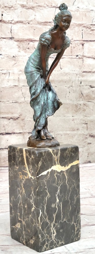 Bronze Art Nouveau Art Deco Girl Statue Signed Marble Figure ART