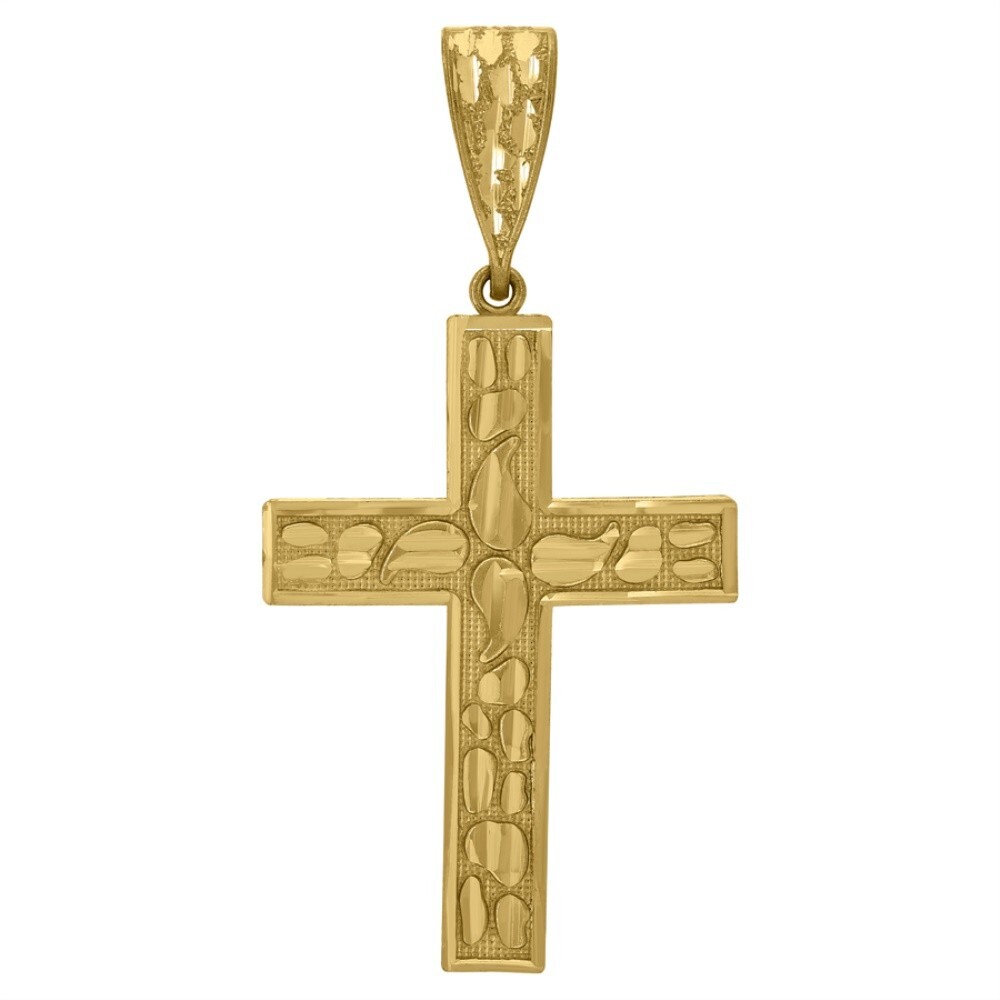 10k Yellow Gold Diamond-Cut Nugget Cross Religious Charm Pendant for Mens