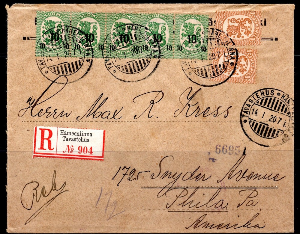 FINLAND TO US 1920 REGISTERED HAMEENLINA COVER FRANKED Sc 96 (X5) AND 19 (X2) TO