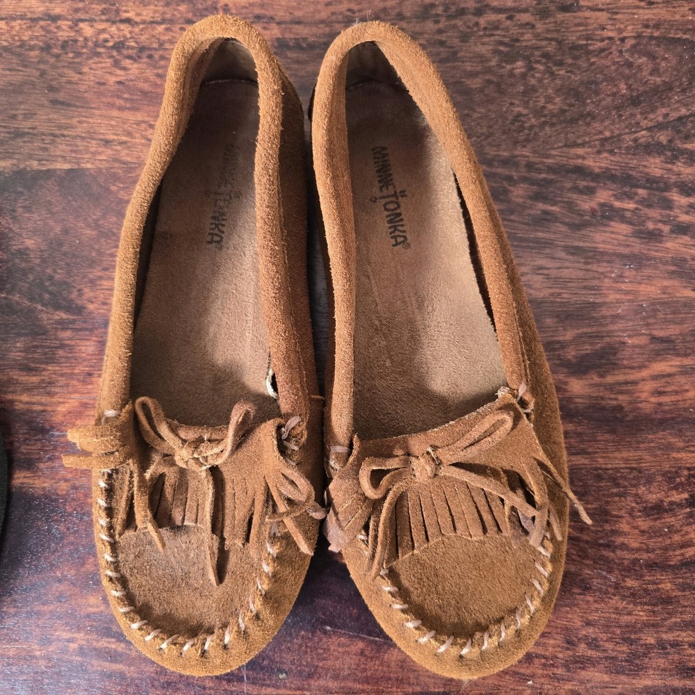 Minnetonka Women Suede Moccasin Flats Caramel Fringe Slip On Size 9