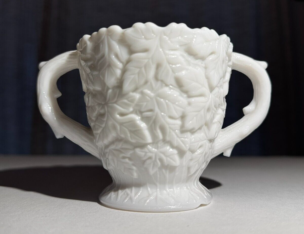 Vintage White Milk Glass Sugar Bowl with Bramble Leaf Design and 2 Handles