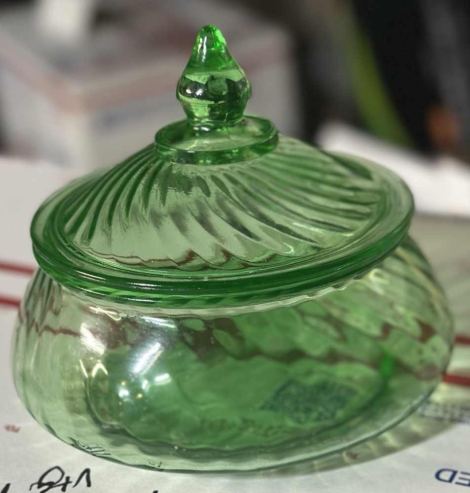 1930's Anchor Hocking Swirl Depression Uranium Glass Candy Dish with Lid, DD-5