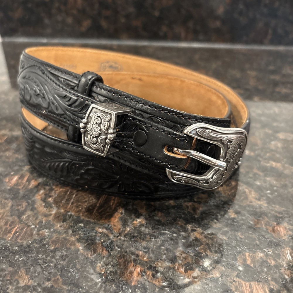 Tony Lama Black Leather Belt Silver Hardware Buckle 36”Western C40583