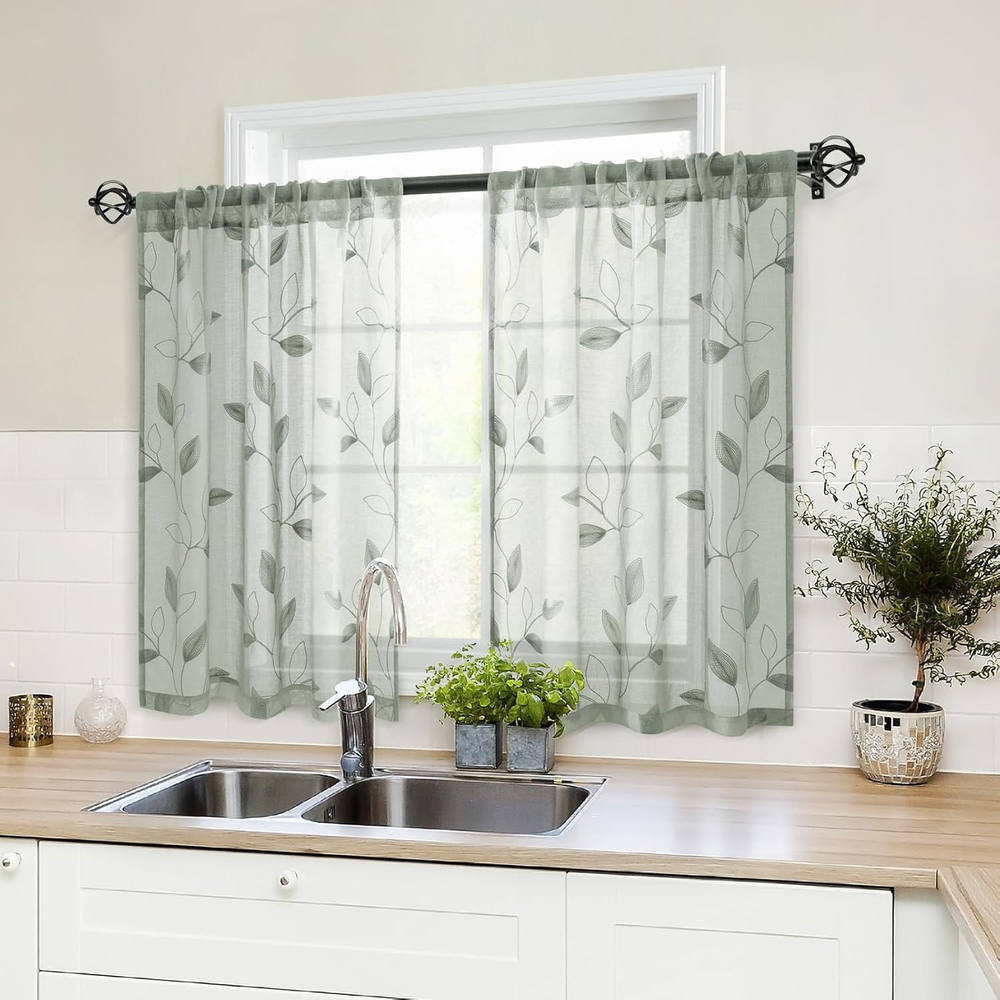 Sage Green Sheer Kitchen Curtains 30 X 36 Inch Length 2 Panels Embroidered Leaf