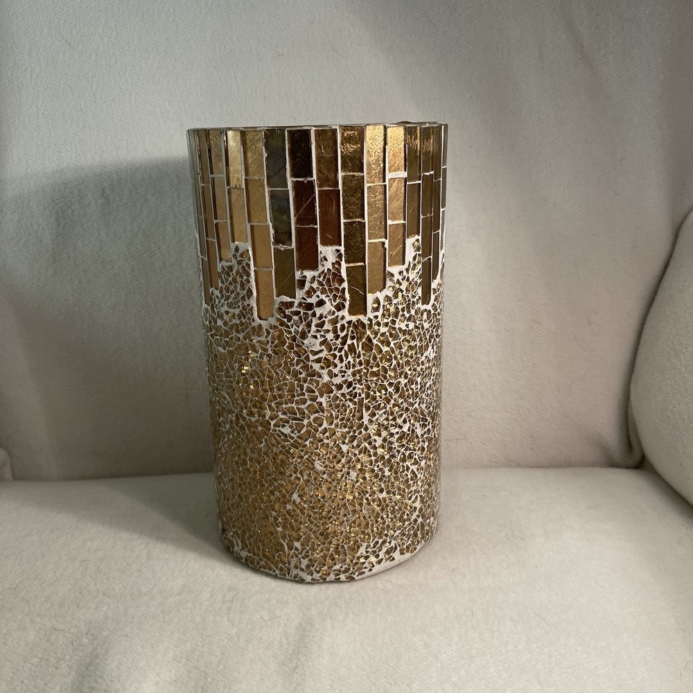 Metallic Gold Mosaic Glass Vase and Candle Holder 9 Inch Tall