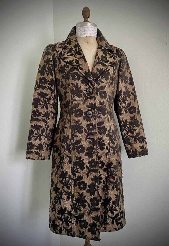 Vintage 90s Tapestry Brown Black Jacquard Long Jacket Coat SZ 8